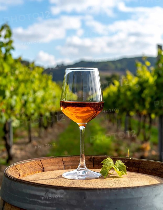 A glass of 10-year-old tawny wine placed on a barrel in a vineyard restaurant, vineyard landscape in blurred background, AI generated