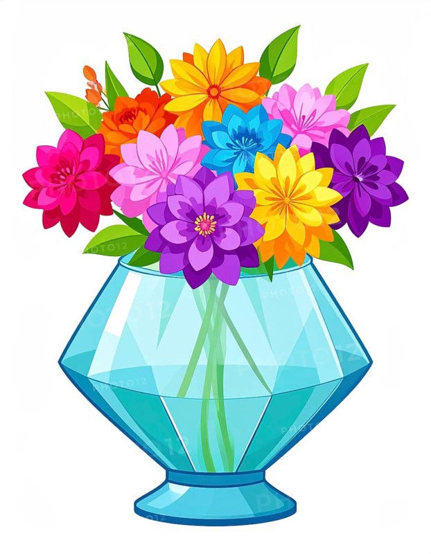 Crystal glass vase with vibrant blooming flowers, vibrant vector drawing illustration for fresh spring background, AI generated