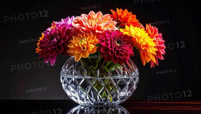 Crystal glass vase with vibrant blooming flowers, fresh spring and summer concept, AI generated