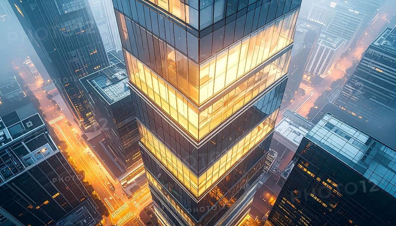 Modern building reflecting sunset light at dusk. Abstract Futuristic Business Background, AI generated