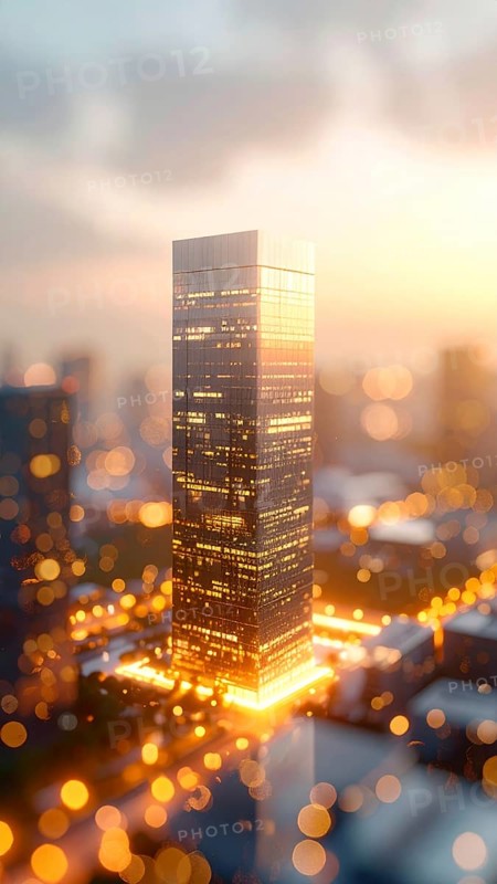 Modern building reflecting sunset light at dusk. Abstract Futuristic Business Background, AI generated
