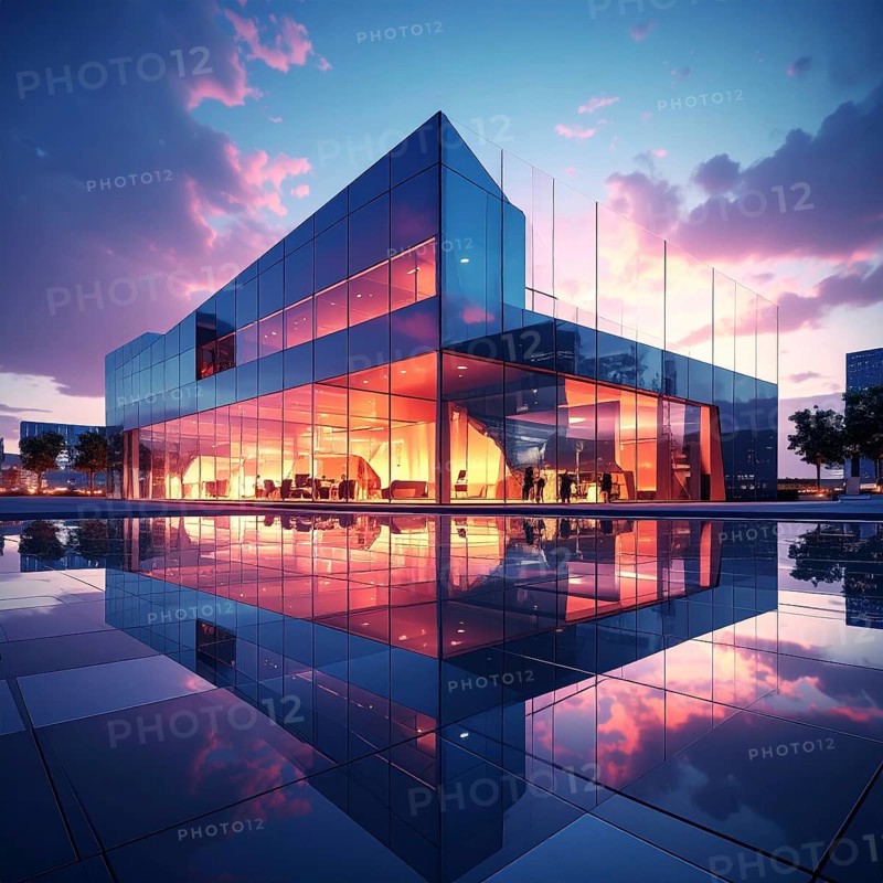 Modern building reflecting sunset light at dusk. Abstract Futuristic Business Background, AI generated