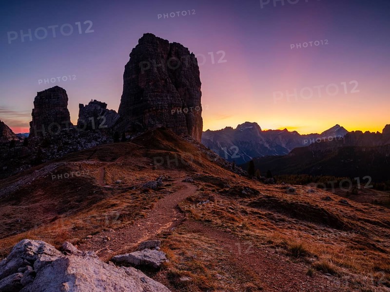 Five towers, Cinque Torri at dawn, climbing rocks, Dolomites, Alps, Belluno province, Veneto region, Italy