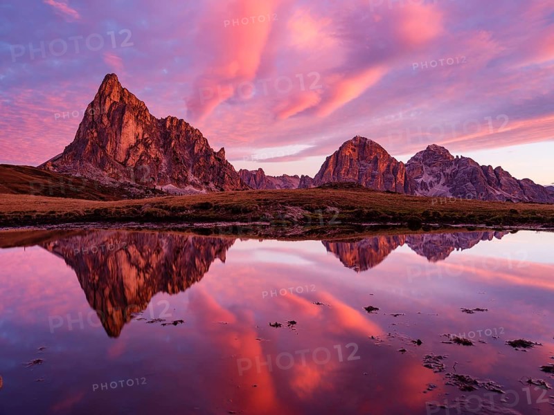 Alpine glow, reflection of the Ra Gusela and Tofane mountains at dawn, Passo di Giau, Giau Pass, Dolomites, Alps, Belluno province, Veneto region, Italy