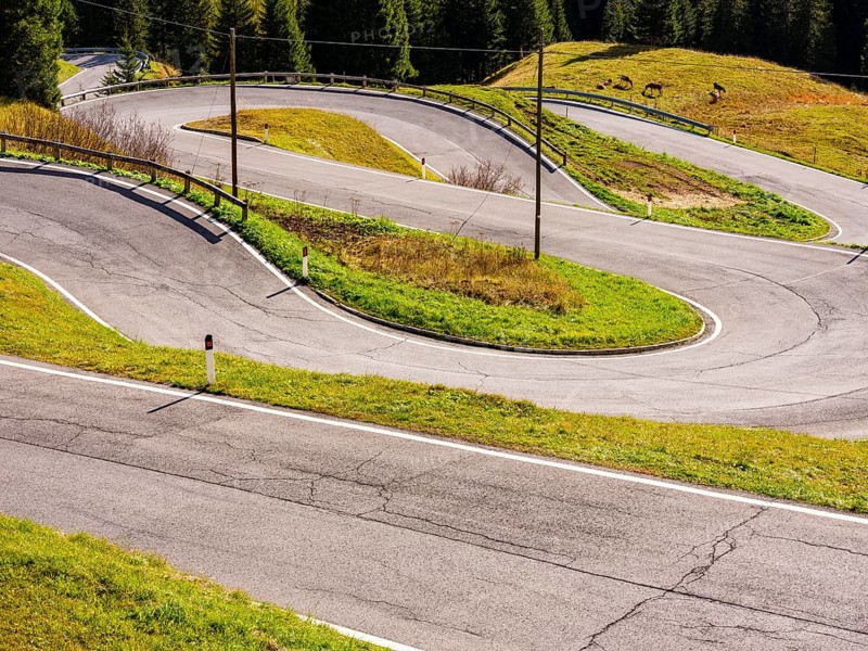Pass road with many hairpin curves, Dolomite Road, Passo Pordoi, Dolomites, Alps, Belluno province, Veneto region, Italy