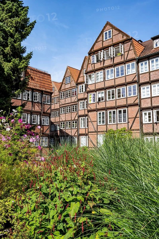 Facades of the historic brick buildings, inner courtyard, view over the city, Peterstraße, composers' quarter, Neustadt, Hamburg, Germany