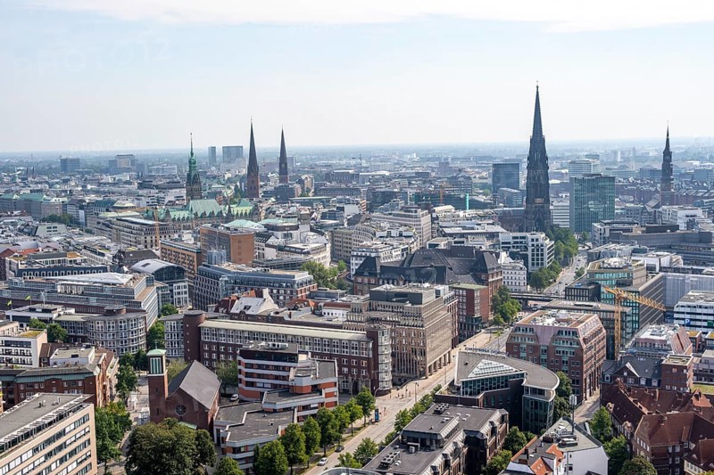 City view, view over Hamburg city centre with church towers and town hall tower, from the tower of St. Michael's Church, Hamburg, Germany