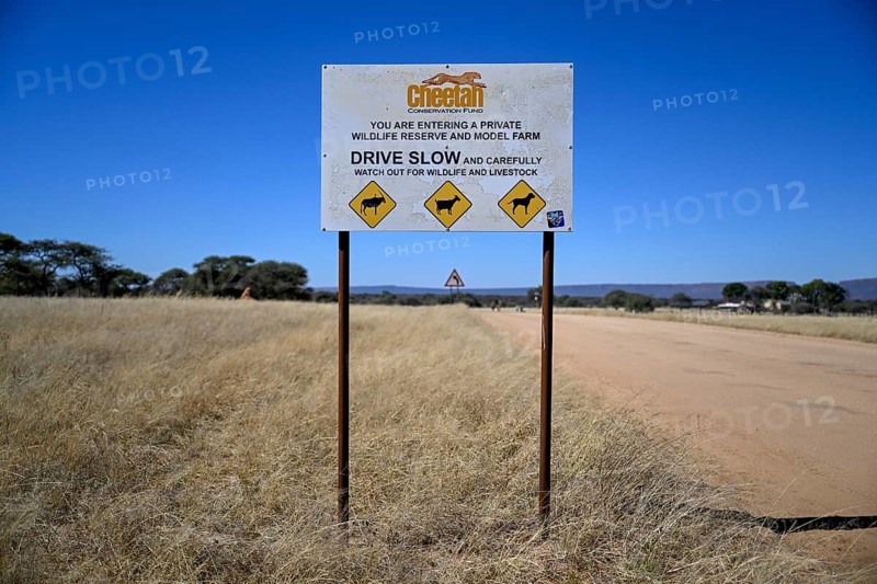 Sign at the entrance to the Field Conservation Centre and Reserve of the Cheetah Conservation Fund (CCF), Elandsvreugde Farm, near Otjiwarongo, Otjozondjupa Region, Namibia