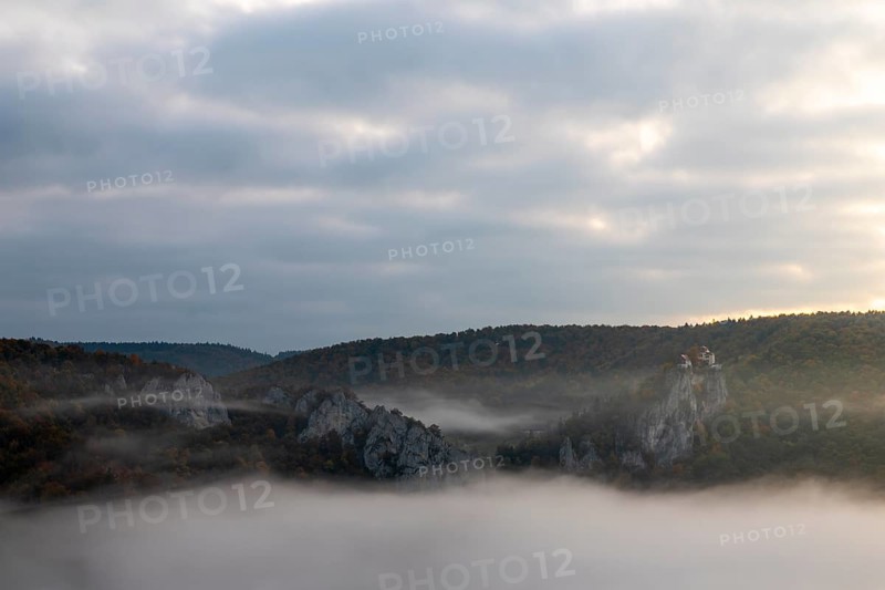 View from the Knopfmacherfelsen to Bronnen Castle, limestone rock, rock face, mixed forest, autumn colours, fog, autumn, Fridingen, Danube Valley, Upper Danube nature park Park, Baden-Württemberg, Germany