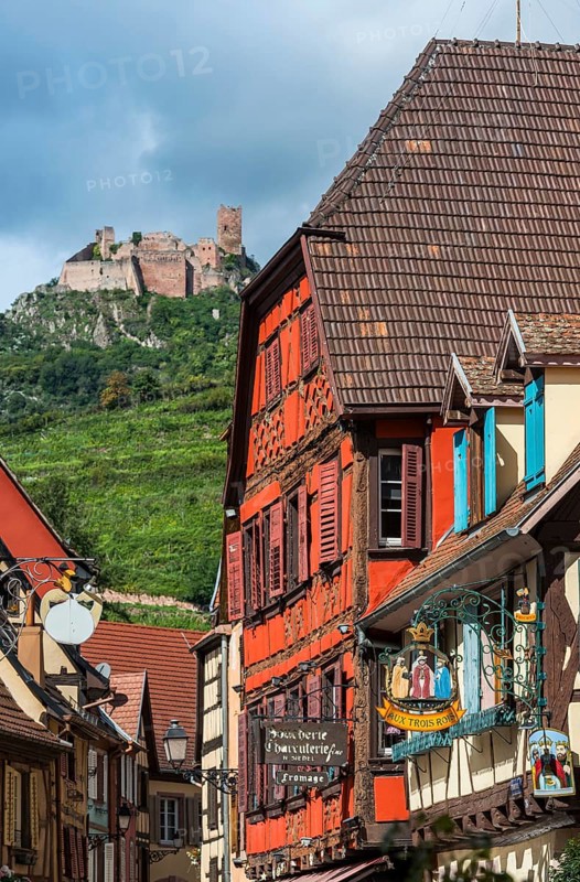 Historic town view with St Ulrich's Castle and half-timbered houses in Ribeauvillè