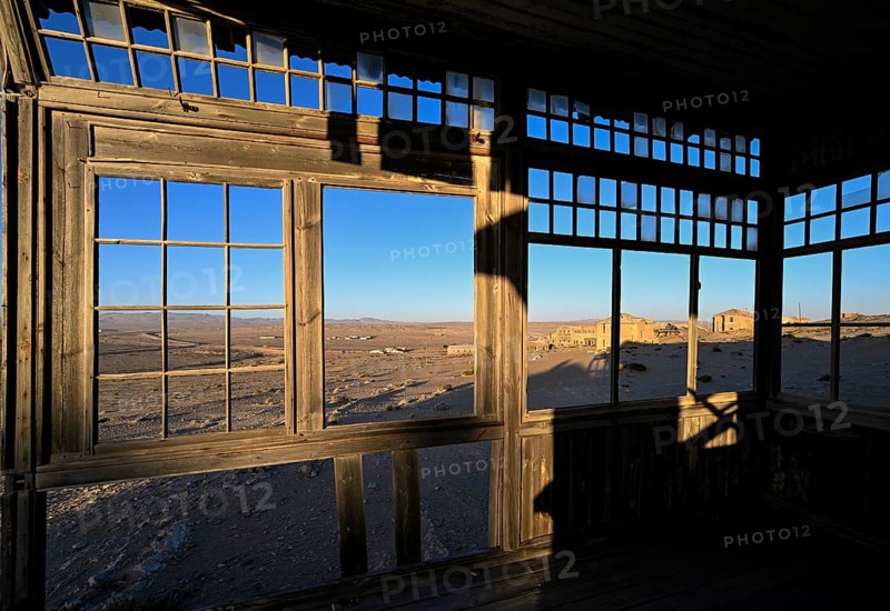 View from a former dwelling house into the desert, Kolmanskop, restricted diamond area, Karas region, Namibia