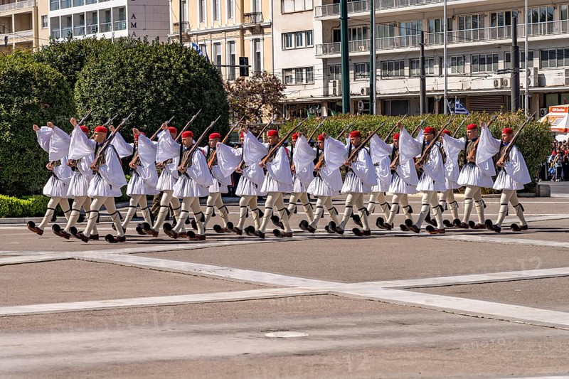 The traditional changing of the guard of the Evzones in front of the Greek Parliament in the Greek capital Athens, Greece