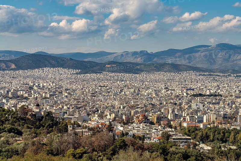 View from Philopappos Hill over the sea of houses in the Greek capital Athens, Greece