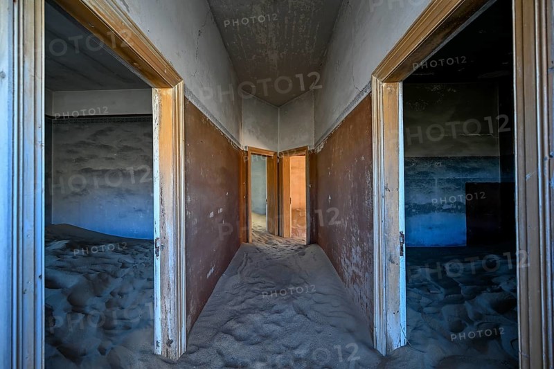 Sand mountains in a former dwelling house, interior photograph, Kolmanskop, restricted diamond area, near Lüderitz, Karas region, Namibia