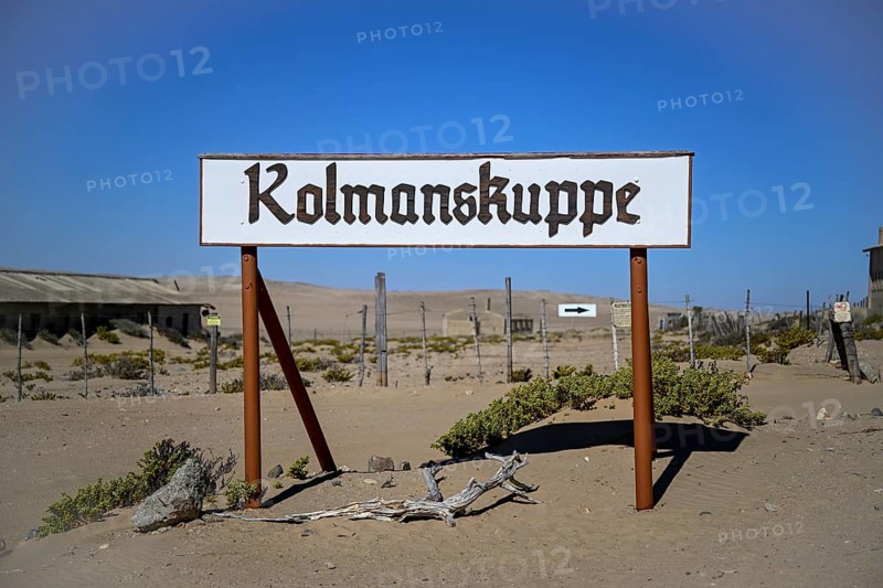 Sign Kolmanskop, diamond restricted area, near Lüderitz, Karas region, Namibia