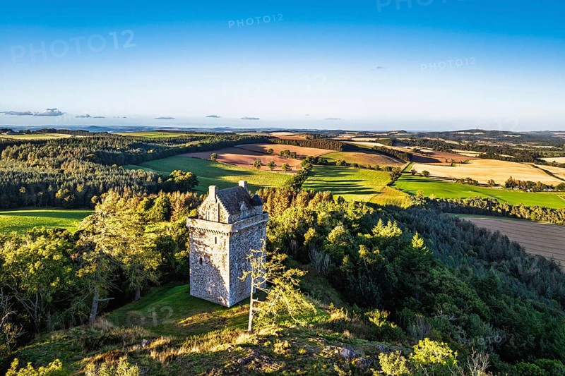 Fatlips Castle from a drone, Minto Crags, River Teviot, Roxburghshire, Scottish Borders, Scotland, UK