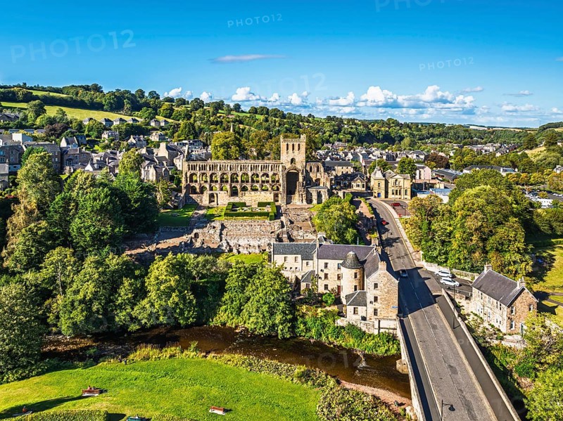 Jedburgh Abbey from a drone, Augustinian Abbey, Jedburgh, Scottish Borders, Scotland, UK