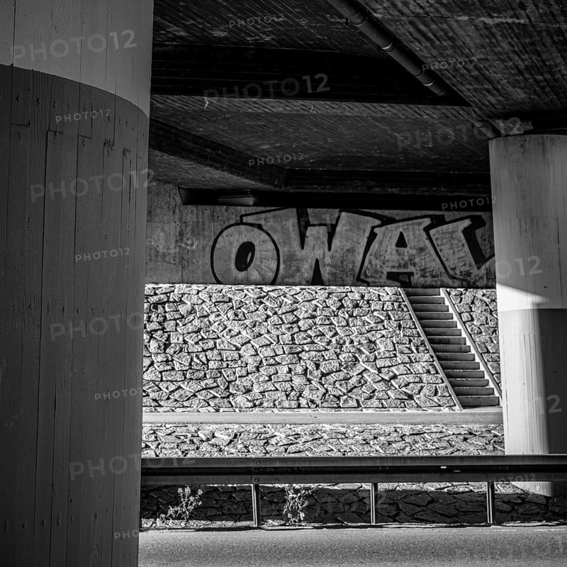 Concrete bridge with graffito in Münsingen on the Swabian Alb, Baden-Württemberg, Germany, for editorial use only