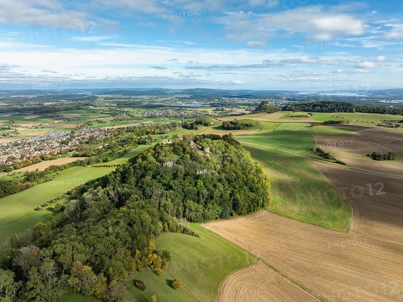 Aerial view of the Hegau volcano and the Mägdeberg castle ruins, with the Hohenkrähen and Lake Constance on the horizon, district of Constance, Baden-Württemberg, Germany