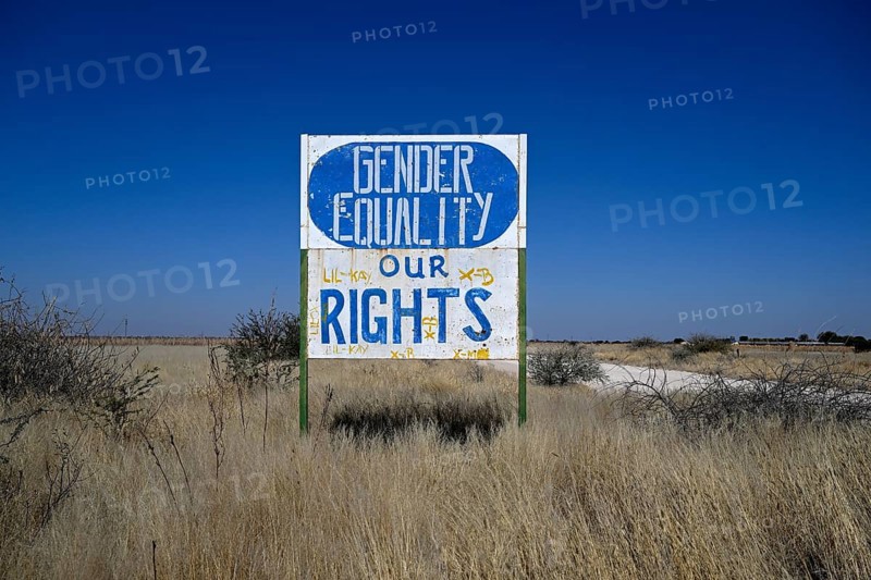 Gender Equality sign, Osire Refugee Settlement, refugee camp, Osire, Otjozondjupa region, Namibia