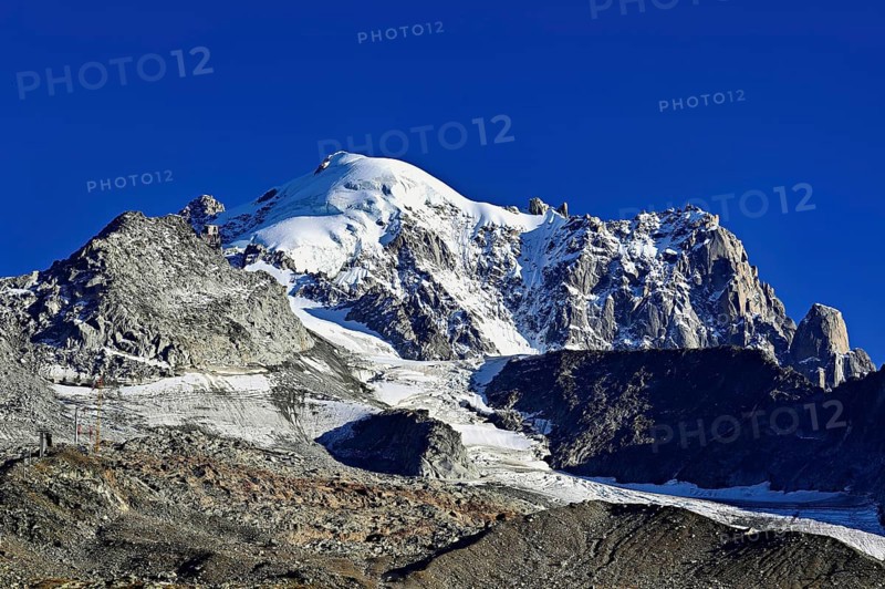 Aiguille des Grands Montets and snow-covered Aiguille Verte, Chamonix-Mont-Blanc, Haute-Savoie, France