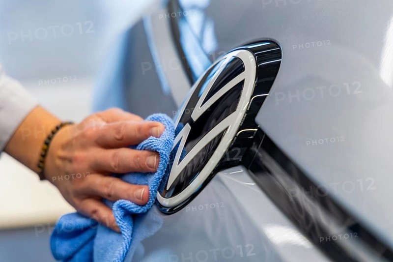 Electric car production in the assembly halls of VW in Zwickau. VW logo, Zwickau, Saxony, Germany