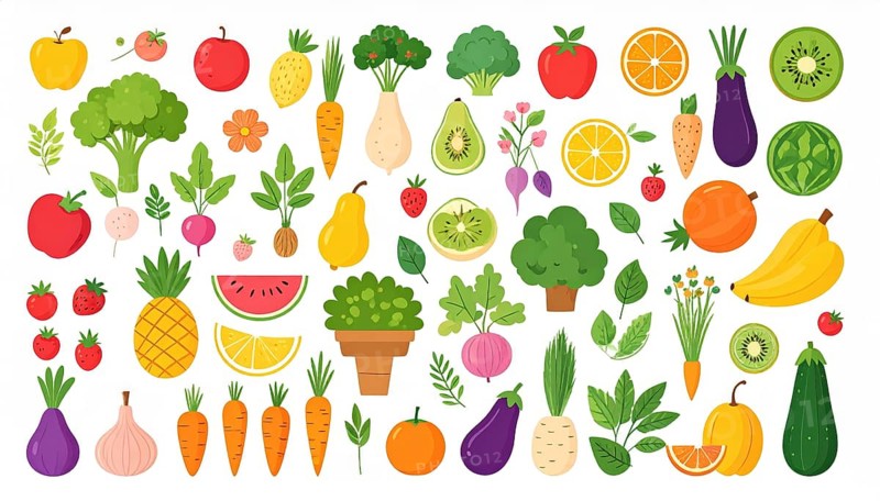 Spring and summer fruit and vegetable element set, vector illustration, AI generated