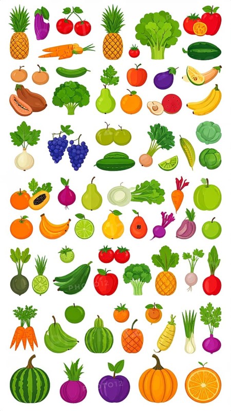Spring and summer fruit and vegetable element set, vector illustration, AI generated