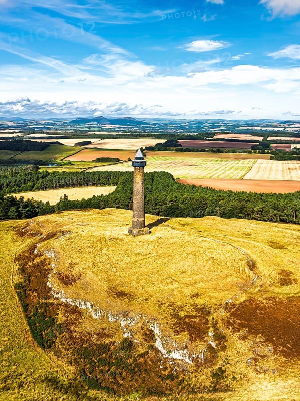 Waterloo Monument over Scottish fields and farms from a drone, Jedburgh, Scotland, UK