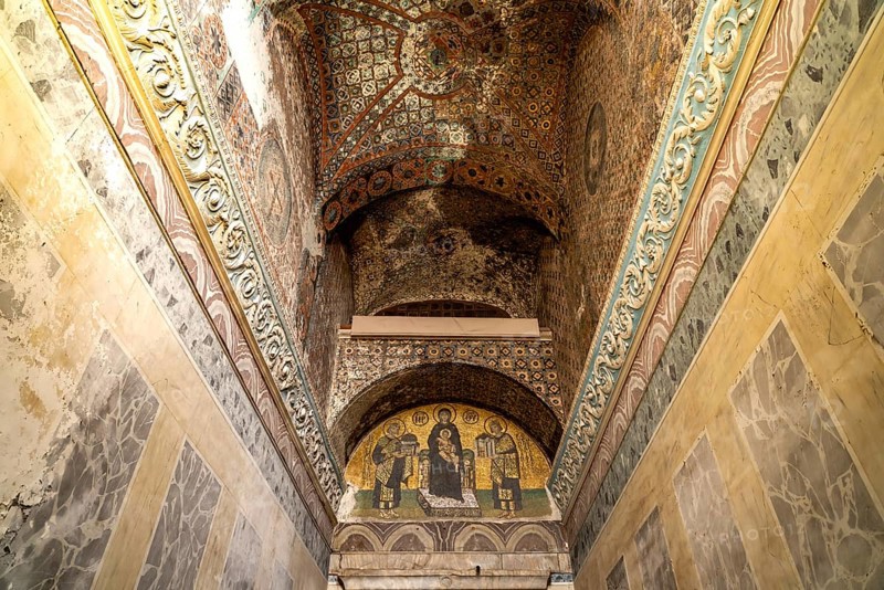 Founder mosaic with Mary, Emperor Justinian and Emperor Constantine in the Hagia Sophia or Church of St Sophia, former Byzantine church and museum in Istanbul, Turkey