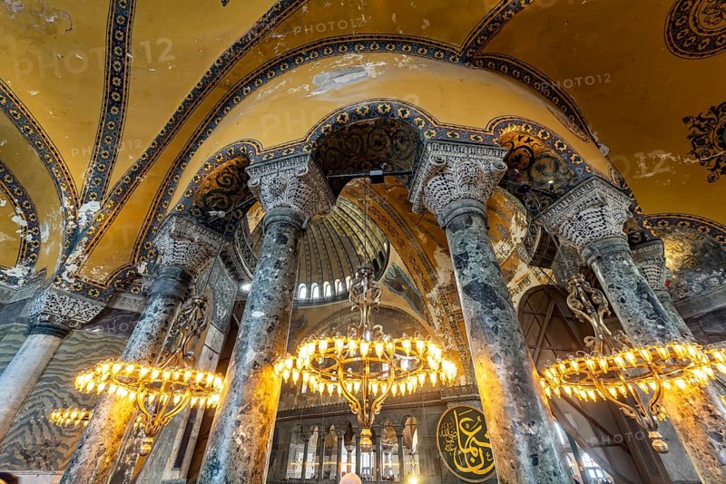 Columns in the interior of today's Hagia Sophia mosque or Church of St Sophia, former Byzantine church and museum in Istanbul, Turkey