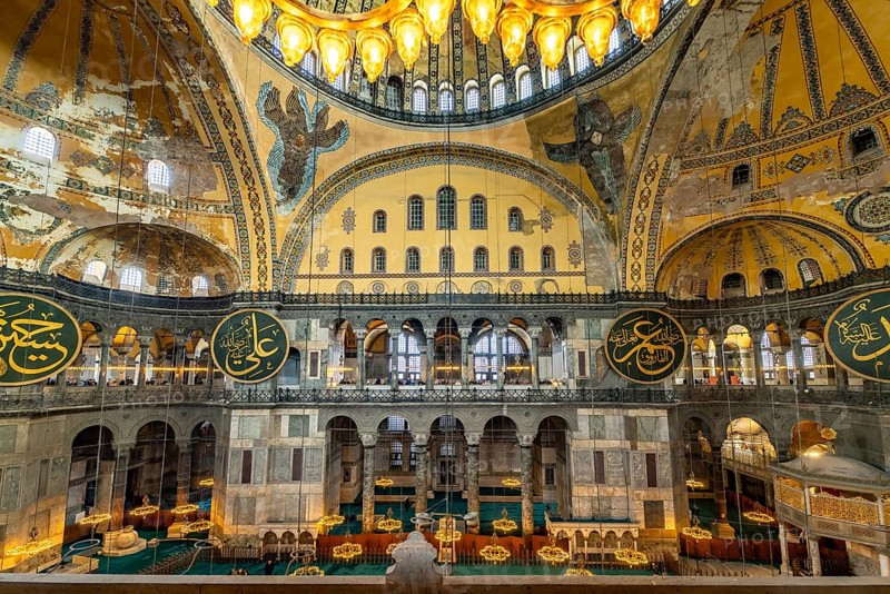 Interior of today's Hagia Sophia mosque or Church of St Sophia, former Byzantine church and museum in Istanbul, Turkey
