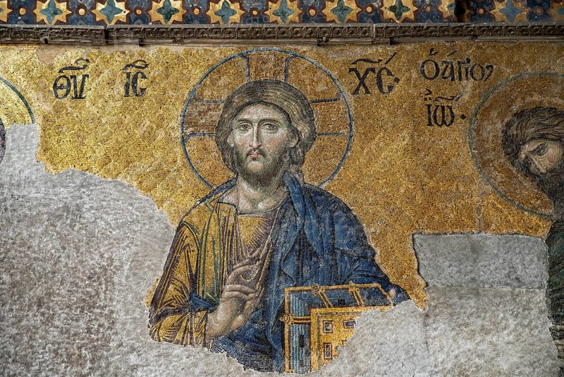 Deësis mosaic with Jesus Christ as Pantocrator in the interior of today's Hagia Sophia mosque or Church of St Sophia, former Byzantine church and museum in Istanbul, Turkey