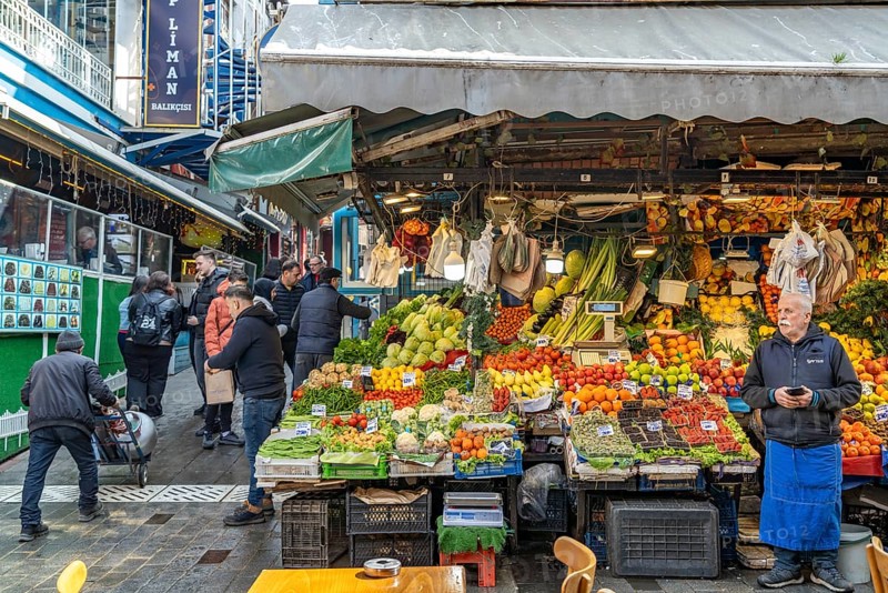 Stall with fruit and vegetables at the market in Karaköy, Istanbul, Turkey
