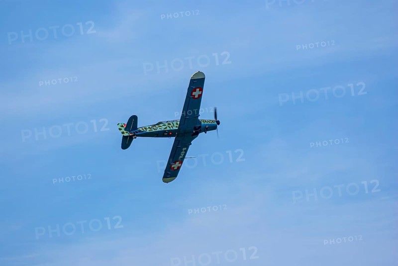 A Pilatus P-2 of Pilatus Flugzeugwerke AG with the registration D-EPII during a flight demonstration as part of an air show at the Rossfeld in Metzingen-Glems, Baden-Württemberg, Germany, for editorial use only