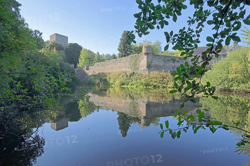 Hardtburg castle built 13th century with pond, reflection, moated castle, forest, Stotzheim, Euskirchen, Vordereifel, Eifel, North Rhine-Westphalia, Germany