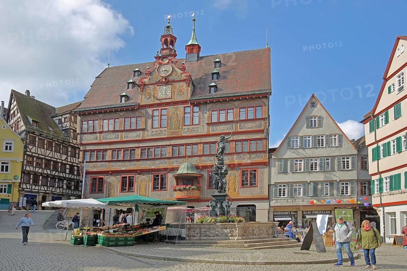 Renaissance town hall with Neptune fountain, market stall and pedestrians, Am Markt, Tübingen, Neckartal, Baden-Württemberg, Germany
