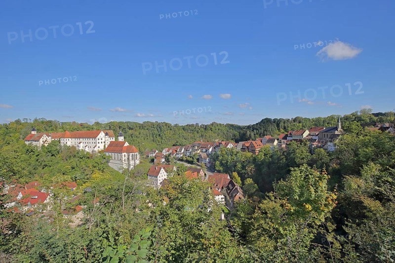 Castle and baroque castle church St. Trinitatis and townscape, mountain, valley, landscape, Haigerloch, Swabian Alb, Baden-Württemberg, Germany