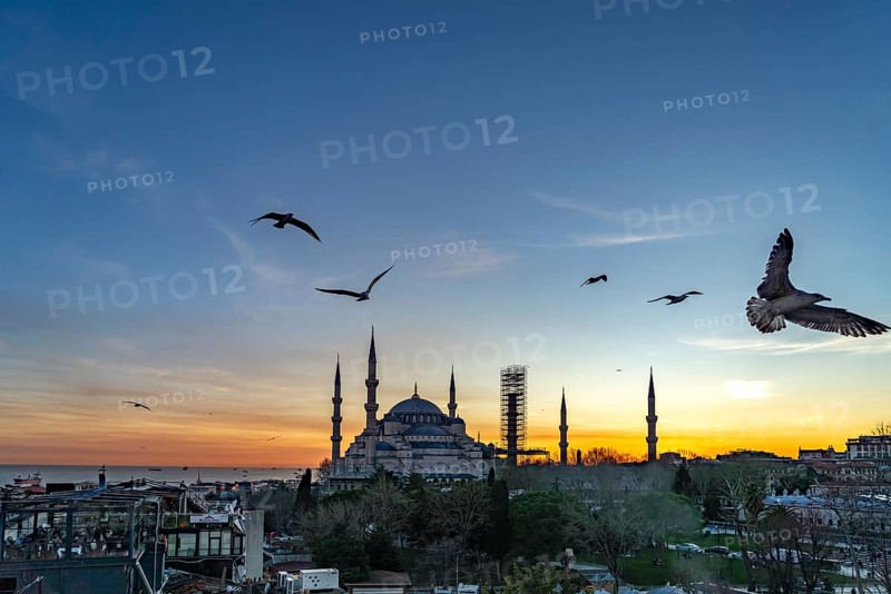 Sunset at the Blue Mosque or Sultan Ahmed Mosque in Istanbul, Turkey
