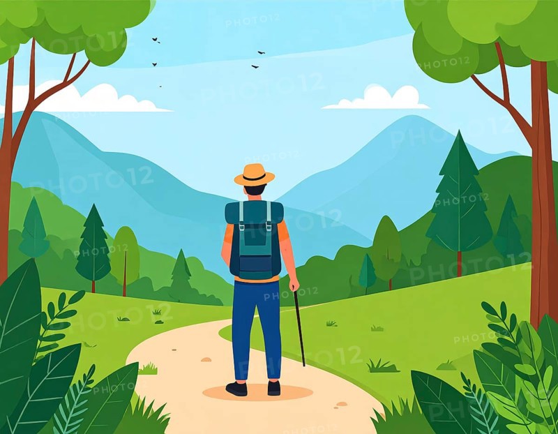 Traveling and hiking in mountain landscape, abstract vector illustration, AI generated image