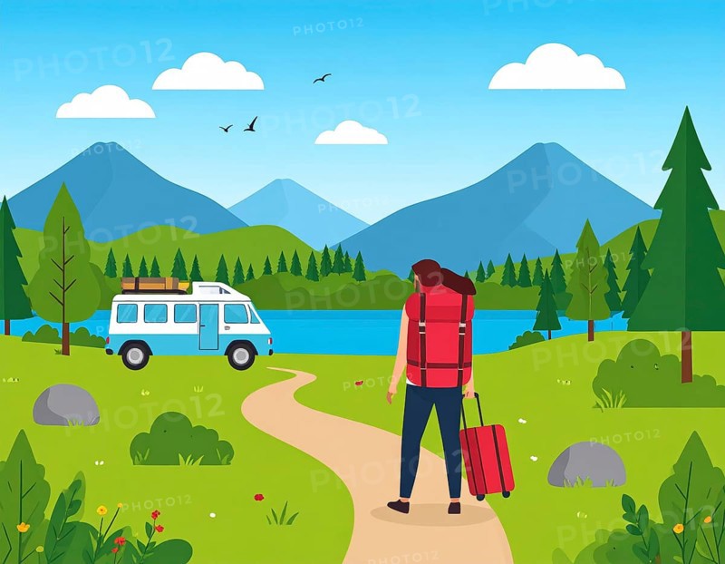 Traveling and hiking in mountain landscape, abstract vector illustration, AI generated image