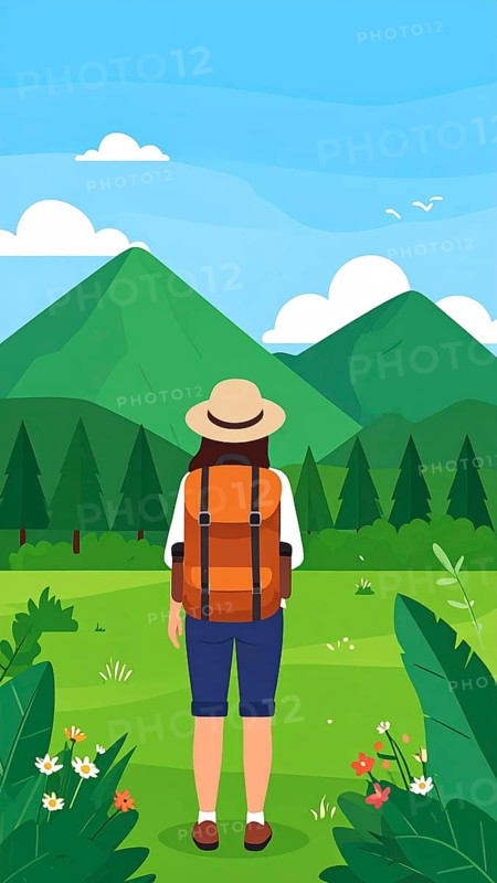 Traveling and hiking in mountain landscape, abstract vector illustration, AI generated image