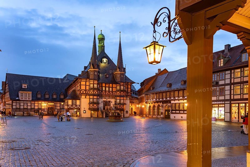 The town hall and market square in Wernigerode at dusk, Saxony-Anhalt, Germany