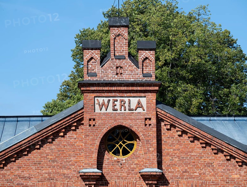 Brick façade with inscription Werla, former paper factory and mill for the production of groundwood pulp board, UNESCO World Heritage Site Factory Village Verla, Maailmanperintökohde Verlan puuhiomo ja pahvitehdas, Verla Rapids, Kymenlaakso, near Kouvola, Finland