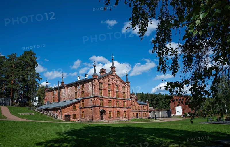 Brick building, former paper factory and mill for the production of groundwood pulp board, UNESCO World Heritage Site Verla Factory Village, Maailmanperintökohde Verlan puuhiomo ja pahvitehdas, Verla Rapids, Kymenlaakso, near Kouvola, Finland