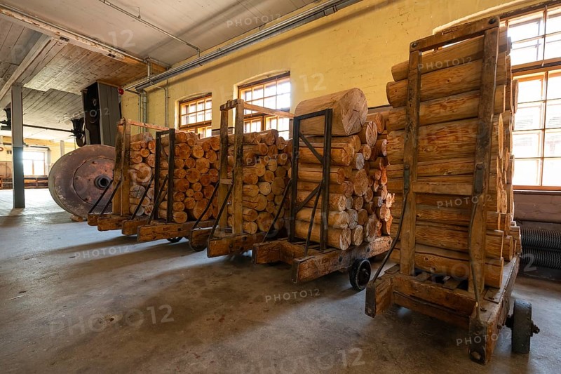 Carts with sawn logs for further processing, former paper factory and mill for the production of groundwood pulp board, UNESCO World Heritage Site Verla Factory Village, Maailmanperintökohde Verlan puuhiomo ja pahvitehdas, Verla Rapids, Kymenlaakso, near Kouvola, Finland