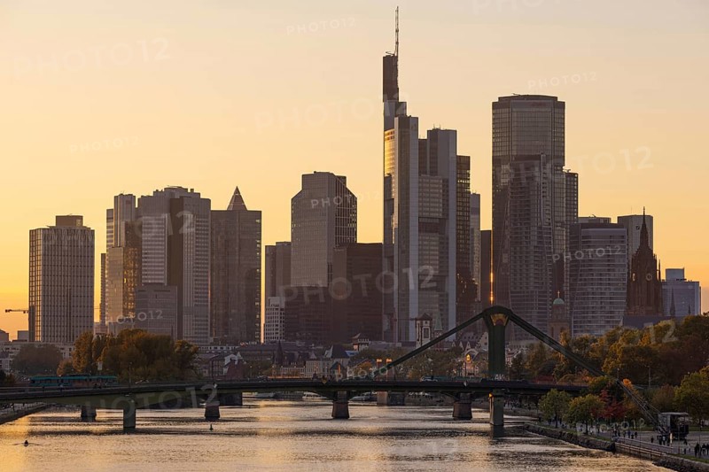 The trees on the banks of the River Main glow with autumnal colour in the light of the evening sun, Frankfurt am Main, Hesse, Germany