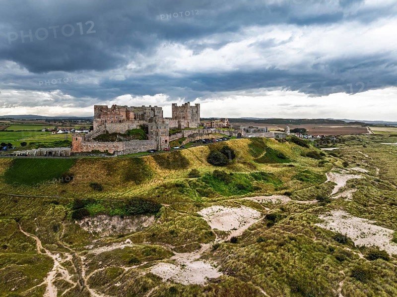 Bamburgh Castle from a drone, Northumberland, Northeast Coast, England, United Kingdom