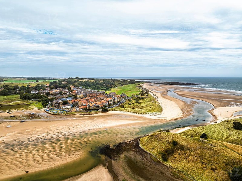 Alnmouth and River Aln Estuary from drone, Alnwick, Northumberland, England, United Kingdom
