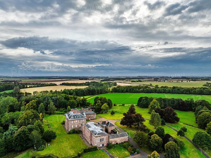 Paxton House over River Tweed from a drone, Paxton, Berwick-upon-Tweed, Berwickshire, Scotland, UK